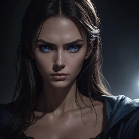 1 woman, striking facial features, deep expressive blue eyes, prominent cheekbones, strong eyebrows, dramatic lighting, chiaroscuro lighting, blurred background, ultra-realistic, 8k, realistic and artistic style, soft skin, intense and captivating mood