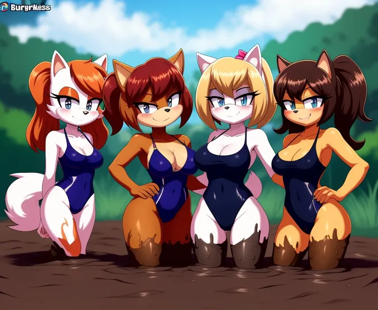 furry, fur, tail, anthro female, female furry, by burgerkiss, detailed fur, best quality, HD, full body, cameltoe, 5girls, 5 girls in beach, multiple subjects, group, team, adult female, group shot, fox girl, cocker spaniel girl, cat girl, squirrel girl, h...