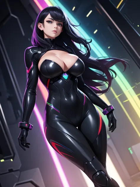 girl, With big breasts, with futuristic black spy suit, long rainbow hair, rainbow eyes.