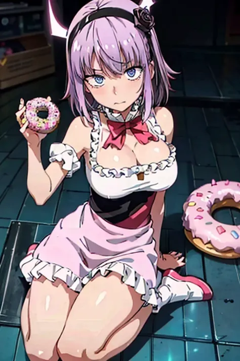 (/death note/) a woman with white skin, shiny pink eyes, a pink outfit with a low neckline, a short pink skirt, a clip on the head with two donuts, pink tights and fancy shoes. (/scenario/) grey sky, Raby, uma pose sexy,