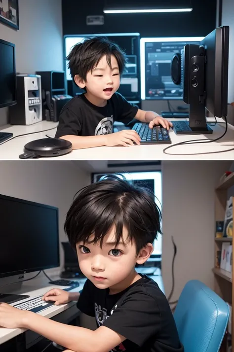 Create a Chibi Studio style image of a boy playing computer games,Having a lot of fun, besides his room has a youtube poster