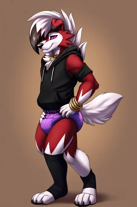  A dark purple Midnight femboy lycanroc wearing a black hoodie and a black colored diaper and white socks with black stripes and a gold necklace on his neck and with bracelets on his arms 