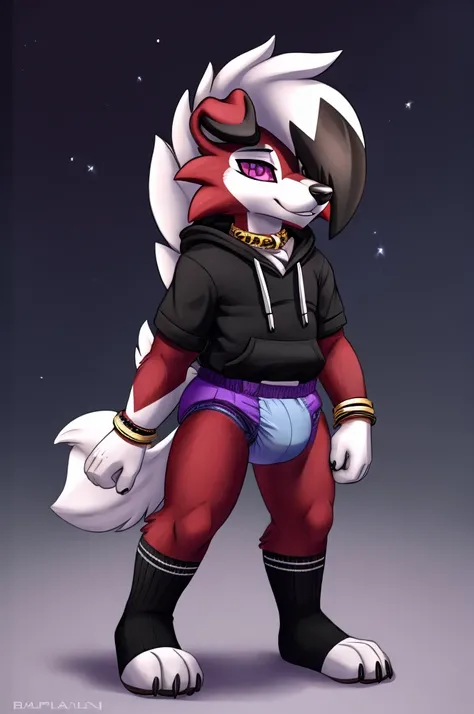  A dark purple Midnight femboy lycanroc wearing a black hoodie and a black colored diaper and white socks with black stripes and a gold necklace on his neck and with bracelets on his arms 