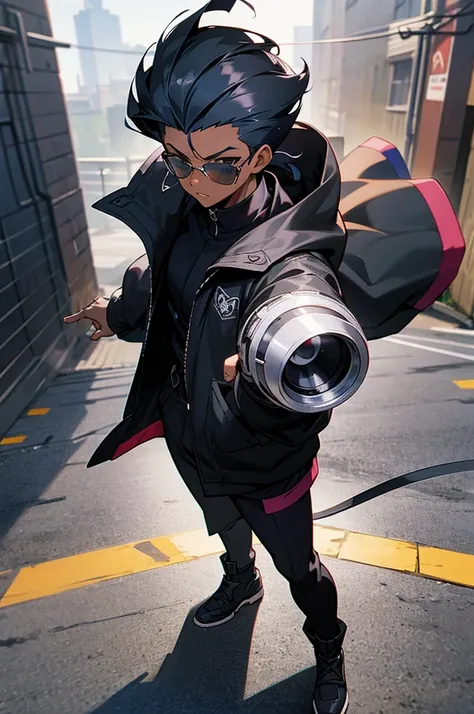 Dark skinned guy in a black jacket and sunglasses standing in a city street, undercut hairstyle, black hair, eye scar, badass anime 8 k, 4k anime wallpaper, anime style 4 k, anime art wallpaper 8 k, anime wallpaper 4k, anime wallpaper 4 k, 4 k manga wallpa...