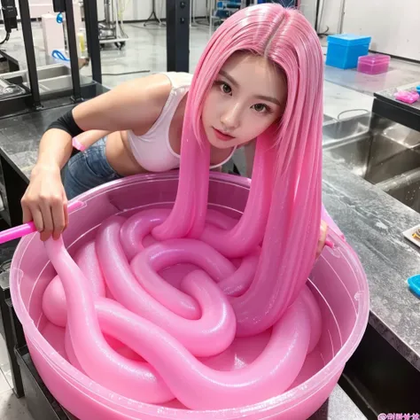 Create a slimy, slimy pink slime by absorbing and cloning a sexy woman beautiful full-sized Korean model with pink hair in various stages