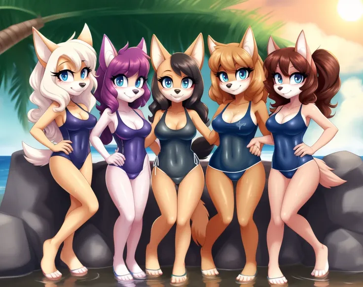 furry, fur, tail, anthro female, female furry, detailed fur, best quality, HD, full body, cameltoe, 5girls, 5 girls in beach, multiple subjects, group, team, adult female, group shot, coyote girl, cocker spaniel girl, borzoi girl, jackal girl, wolf girl, f...