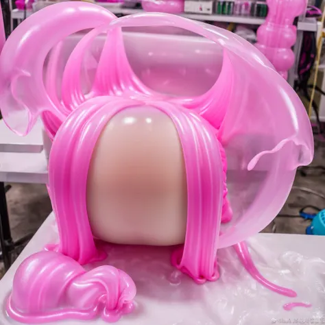 Create a slimy, slimy pink slime by absorbing and cloning a sexy woman beautiful full-sized Korean model with pink hair in various stages