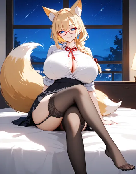 (huge breasts:1.4) (masterpiece) (high quality) (best quality) (1girl), (solo), (slim waist:1.3), (looking at viewer), adorable, bedroom, fox ears, fox tail, black business skirt, stockings, closed white shirt, glasses, smirk, full body portrait, braided p...