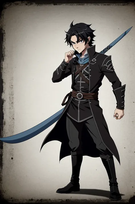 A male character in the style of demon slayer animation,full body, with short messy hair, black color, eyes with blue and black heterochromia, es un pilar y lleva el uniforme característico de los caza demonios de black color y rojo con una catana black co...