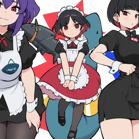 olo,1girl(big breast)(masterpiece, best quality:1.2),Ellen Jo，Zenless Zone Zero，alternate costume ,maid, shark tail, (shark girl:0.5), short hair，black hair，red eyes, tail, pantyhose,multicolored hair, black footwear, short sleeves, apron, wrist cuffs, mai...