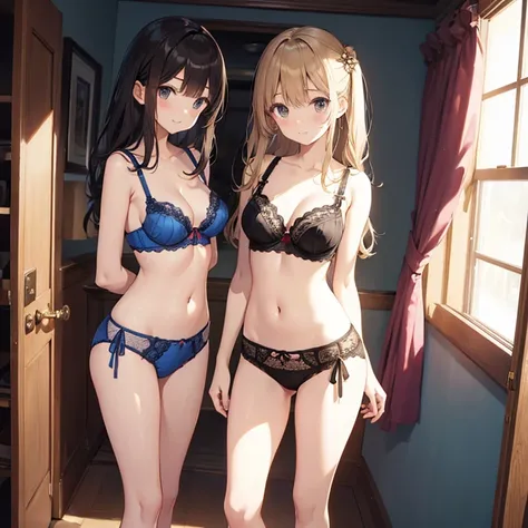 Bra and panties seen from underneath、Cute sisters standing