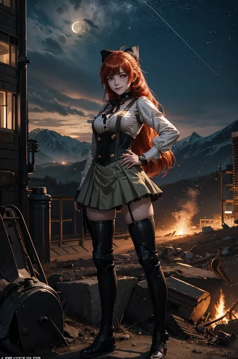 night, moon, stars, cowboy shot, (dynamic pose), smile,  underbust, Penny Polendina, long red hair, neck ribbon, suspender skirt, corset, black bow, white blouse, mechanical legs, neon trim, hand on hip, (standing in city ruins), in valley, BREAK mountains...