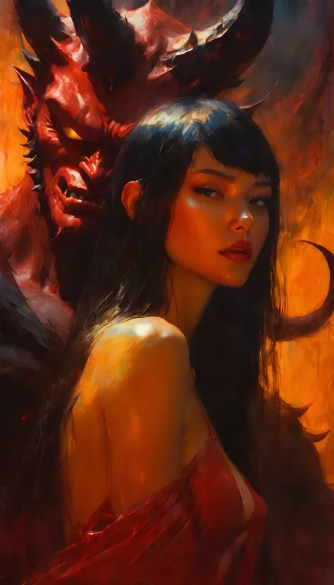 The sexy girl loves the giant demon, (art inspired in Bill Sienkiewicz). oil painting) (best quality,4k,8k,highres,masterpiece:1.2),ultra-detailed,(realistic,photorealistic,photo-realistic:1.37),intricate details,vivid colors,sharp focus,professional,Dave ...