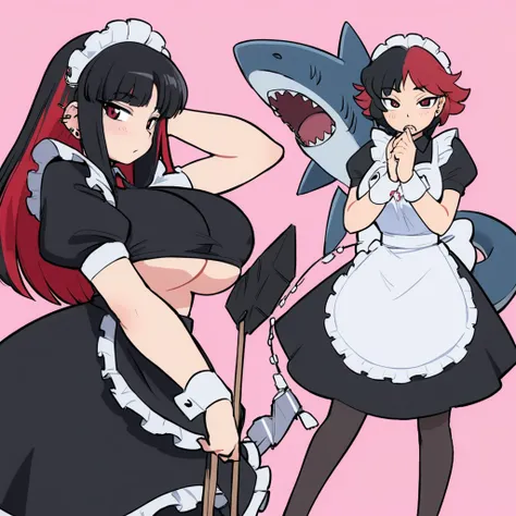 olo,1girl(big breast)(masterpiece, best quality:1.2),Ellen Jo，Zenless Zone Zero，alternate costume ,maid, shark tail, (shark girl:0.5), short hair，black hair，red eyes, tail, pantyhose,multicolored hair, black footwear, short sleeves, apron, wrist cuffs, mai...