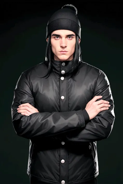 a white man with black hair, combed backwards, wearing a black beanie, with a chin full of long black hair, dressed in a waterproof jacket, looking straight at the camera, ID photo, with a green background in the background, man attractive looking forward ...