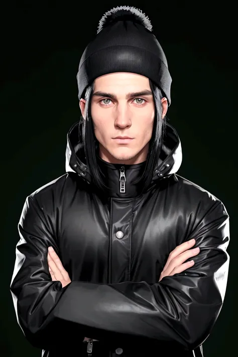 a white man with black hair, combed backwards, wearing a black beanie, with a chin full of long black hair, dressed in a waterproof jacket, looking straight at the camera, ID photo, with a green background in the background, man attractive looking forward ...