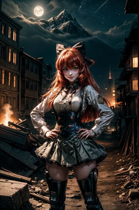 night, moon, stars, cowboy shot, (dynamic pose), smile,  underbust, Penny Polendina, long red hair, neck ribbon, suspender skirt, corset, black bow, white blouse, mechanical legs, neon trim, hand on hip, (standing in city ruins), in valley, BREAK mountains...