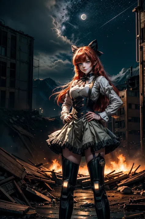 night, moon, stars, cowboy shot, (dynamic pose), smile,  underbust, Penny Polendina, long red hair, neck ribbon, suspender skirt, corset, black bow, white blouse, mechanical legs, neon trim, hand on hip, (standing in city ruins), in valley, BREAK mountains...