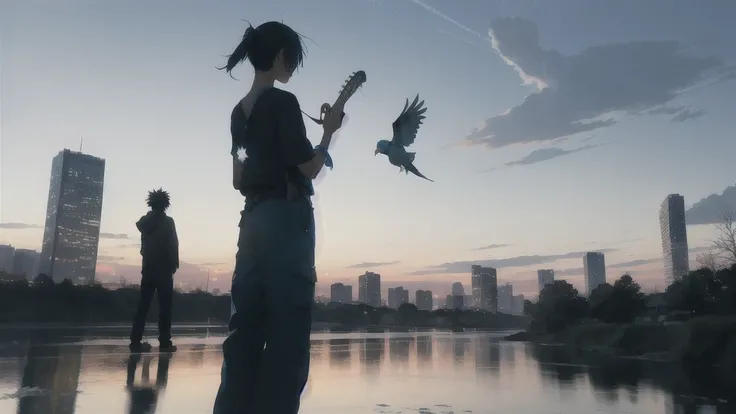 真っ暗なnight空,Octane, star (null), scenery, Blue parakeet,The acoustic guitar is in front of the body.,star, night, A girl and a boy standing back to back, Back view, alone, Outdoor, city,river,Blue parakeet,building, cloud, 天のriver,silhouette