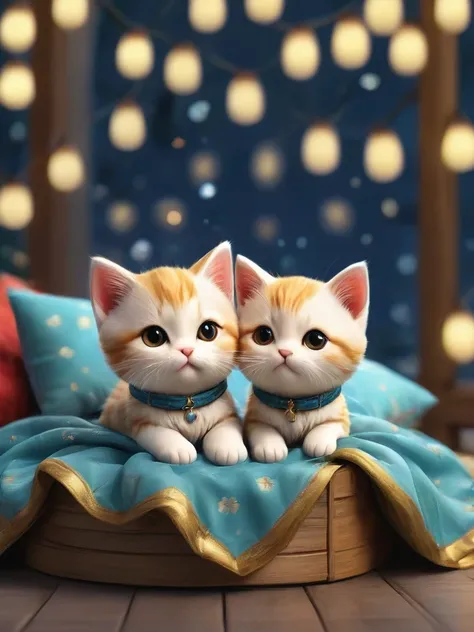 Against the background of fireworks,(masterpiece:1.2, high quality), Several kittens sleeping together in bed、