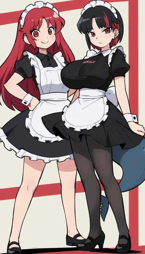 olo,1girl(big breast)(masterpiece, best quality:1.2),Ellen Jo，Zenless Zone Zero，alternate costume ,maid, shark tail, (shark girl:0.5), short hair，black hair，red eyes, tail, pantyhose,multicolored hair, black footwear, short sleeves, apron, wrist cuffs, mai...