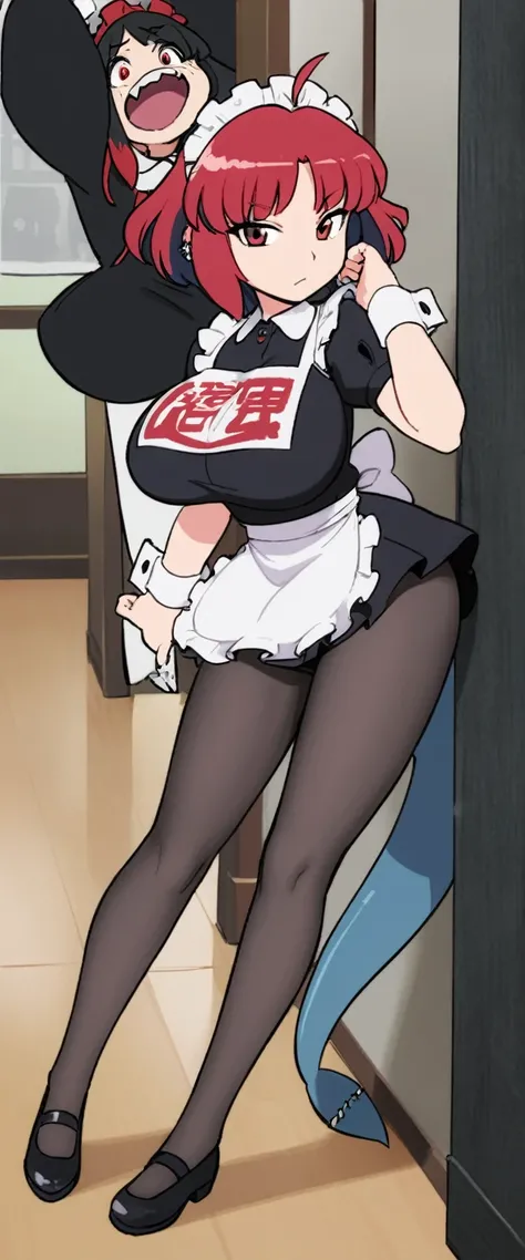 olo,1girl(big breast)(masterpiece, best quality:1.2),Ellen Jo，Zenless Zone Zero，alternate costume ,maid, shark tail, (shark girl:0.5), short hair，black hair，red eyes, tail, pantyhose,multicolored hair, black footwear, short sleeves, apron, wrist cuffs, mai...