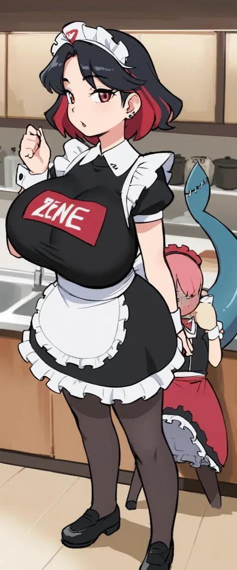 olo,1girl(big breast)(masterpiece, best quality:1.2),Ellen Jo，Zenless Zone Zero，alternate costume ,maid, shark tail, (shark girl:0.5), short hair，black hair，red eyes, tail, pantyhose,multicolored hair, black footwear, short sleeves, apron, wrist cuffs, mai...