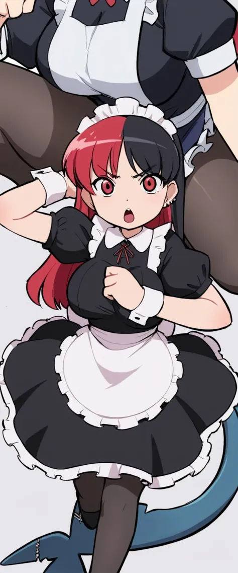 olo,1girl(big breast)(masterpiece, best quality:1.2),Ellen Jo，Zenless Zone Zero，alternate costume ,maid, shark tail, (shark girl:0.5), short hair，black hair，red eyes, tail, pantyhose,multicolored hair, black footwear, short sleeves, apron, wrist cuffs, mai...