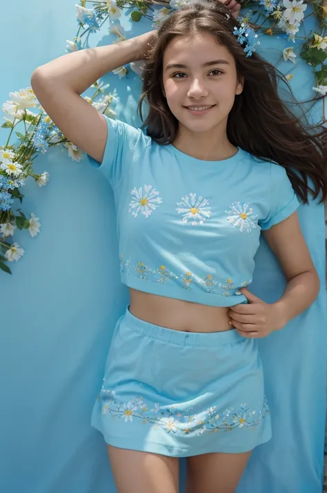 Light blue background decorated with several small flowers. Long shot, full body, Kodachrome shot captures a beautiful 18 year old girl, surrounded by flowers, with blue sky in the background, bright cheerful lights, the sun shining warmly on the subjects ...