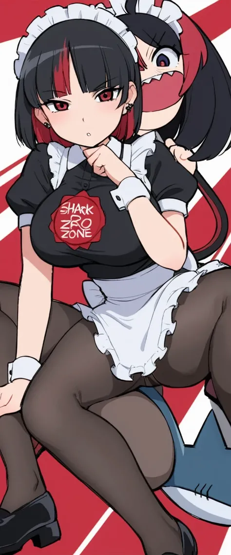 olo,1girl(big breast)(masterpiece, best quality:1.2),Ellen Jo，Zenless Zone Zero，alternate costume ,maid, shark tail, (shark girl:0.5), short hair，black hair，red eyes, tail, pantyhose,multicolored hair, black footwear, short sleeves, apron, wrist cuffs, mai...