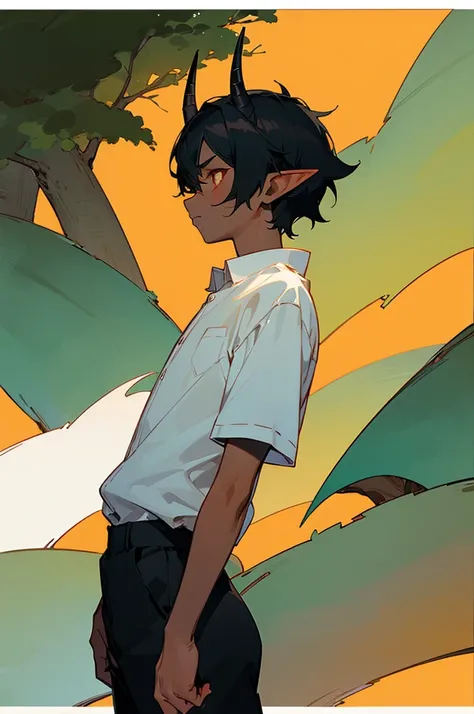 ((1boy,8 years,solo)),sad,(dark skin),((white shirt,short sleeves,black shorts)),Short hair,black hair,elf ears,(horns),(forest background),profile,orange eyes
