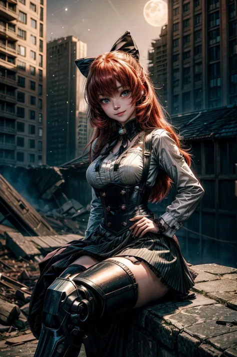 night, moon, stars, cowboy shot, (dynamic pose), smile,  underbust, Penny Polendina, long red hair, neck ribbon, suspender skirt, corset, black bow, white blouse, mechanical legs, neon trim, hand on hip, (sitting in city ruins), in valley, BREAK mountains ...