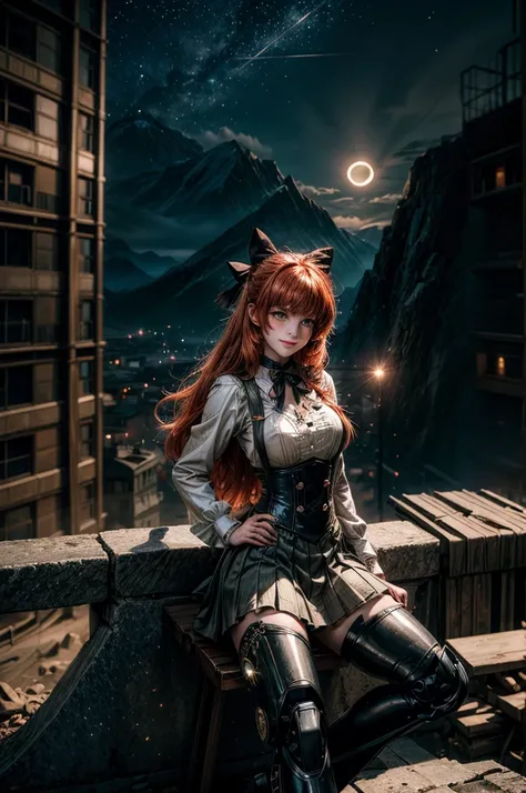 night, moon, stars, cowboy shot, (dynamic pose), smile,  underbust, Penny Polendina, long red hair, neck ribbon, suspender skirt, corset, black bow, white blouse, mechanical legs, neon trim, hand on hip, (sitting in city ruins), in valley, BREAK mountains ...