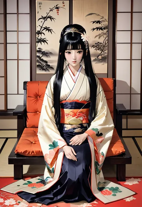 8K　Historical drama style　Beautiful slender Japanese child princess with long black hair　Gorgeous embroidery, Ultra glossy, She is wearing a shiny Heian period princess kimono.　She exposes her nipples and squeezes out breast milk on the futon