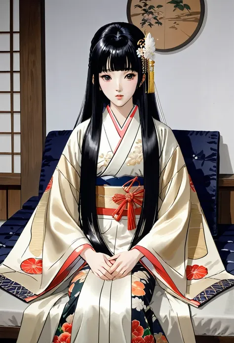 8k　historical drama style　beautiful slender japanese child princess with long black hair　gorgeous embroidery, ultra glossy, she ...