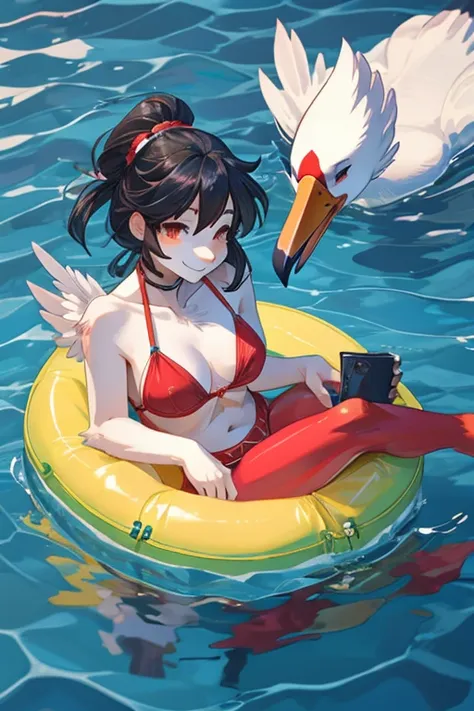 Serene, an alluring female anthropomorphic American Red-Crowned Crane in her red bikini, is inflating her inflatable red parrot pool float and white swan pool float by her poolside. Then Yuriko, a hot and alluring female anthropomorphic Japanese Red-Crowne...