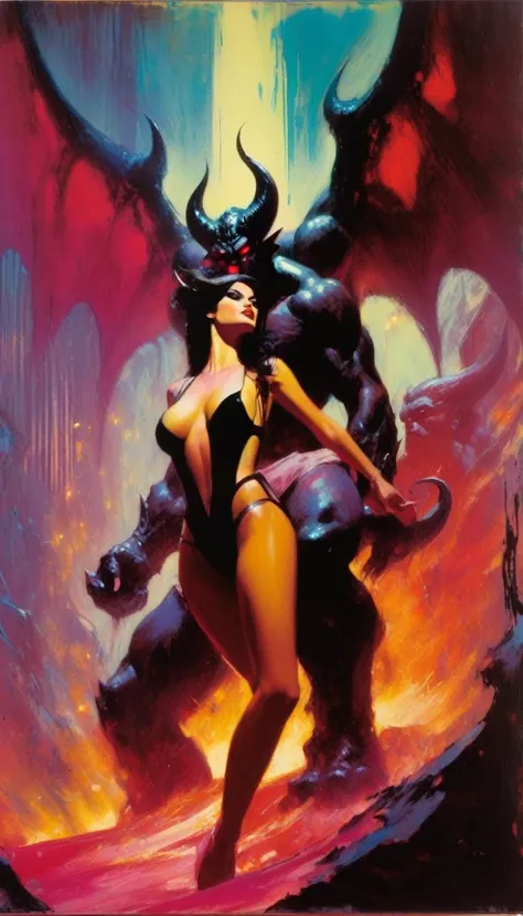 The sexy girl loves the giant demon, (art inspired in Bill Sienkiewicz). oil painting)