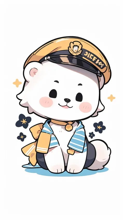 Simple details,Little,whole body, character,Cute White Bear,Marine striped clothing,Marine Cap,Yellow neck ribbon,Background yellow