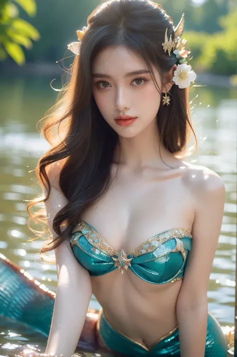 A radiant woman with a charming smile and sparkling eyes is posing as a sexy mermaid in a full body shot. Shes wearing a shimmering mermaid tail and bikini top, surrounded by a beautiful underwater setting. Its a daytime scene with a mystical, enchanting m...