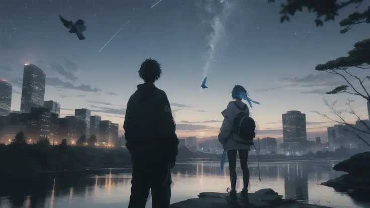 真っ暗なnight空,Octane, star (null), scenery, Blue parakeet,The acoustic guitar is in front of the body.,star, night, A girl and a boy standing back to back, Back view, alone, Outdoor, city,river,Blue parakeet,building, cloud, 天のriver,silhouette