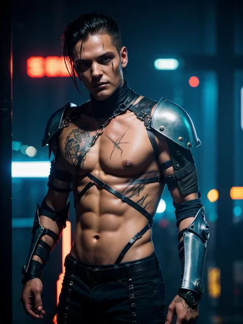 Professional photo in cyberpunk style, thigh-high photo, one man, metal skull, scar on face, metal torso, metal arms, old rusty armor, night city, neon lights, eye contact, looking at viewer, masterpiece, best quality, perfect  detail, perfect face detail,...