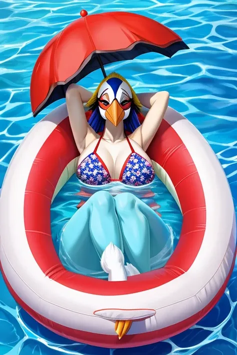 Serene, an alluring female anthropomorphic American Red-Crowned Crane in her red bikini, is inflating her inflatable red parrot pool float and white swan pool float by her poolside. Then Yuriko, a hot and alluring female anthropomorphic Japanese Red-Crowne...