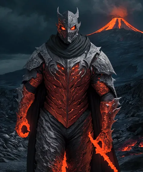 (extremely detailed 8k wallpaper), a medium shot photo of  Grim dressed as a scary masked lava-supervillain in an orange armour made of white glowing armour from marvel, theme, intricate, high detail, dramatic, mountain with lava running down the mountain ...