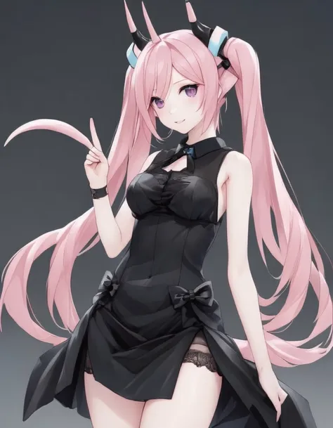 nakano miku with light pink skin, horns, claws, black dress, a tail