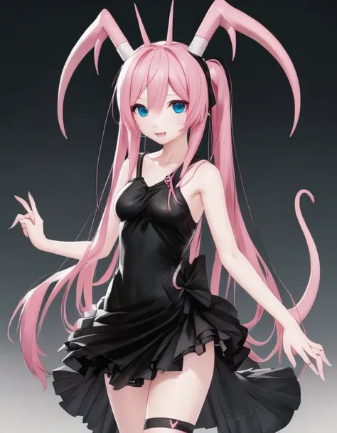 nakano miku with light pink skin, horns, claws, black dress, a tail