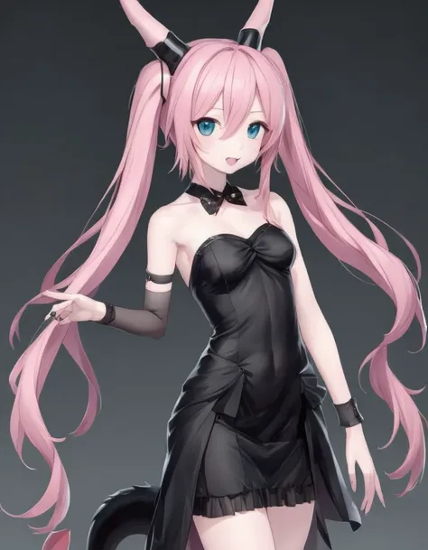 nakano miku with light pink skin, horns, claws, black dress, a tail
