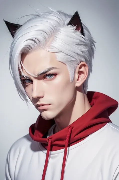 Drawing more cartoon character man white hair cat ears eyes red sweatshirt gamer half body 