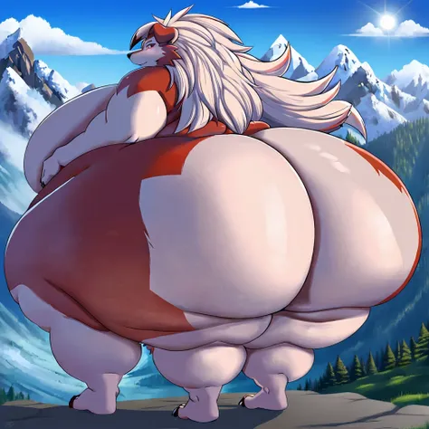 Lycanroc, female, long messy hair, huge breasts, huge breasts, enormous fat ass,fat thighs, morbidly obese,claws,back view,nude, mountain ,fat arms,hyper ass, hyper ass, hyper ass, colossal curves, colossal curves, colossal curves,solo,fat arms 