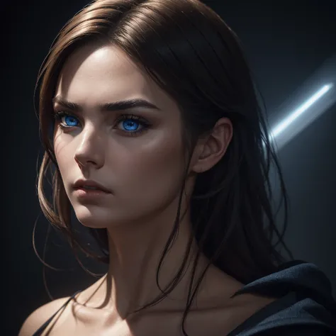 1 woman, striking facial features, deep expressive blue eyes, prominent cheekbones, strong eyebrows, dramatic lighting, chiaroscuro lighting, blurred background, ultra-realistic, 8k, realistic and artistic style, soft skin, intense and captivating mood