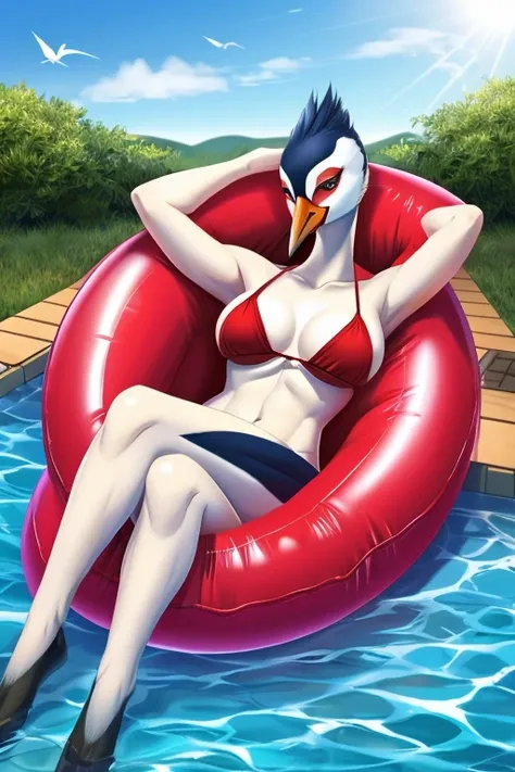 Serene, an alluring female anthropomorphic American Red-Crowned Crane in her red bikini, is inflating her inflatable red parrot pool float and white swan pool float by her poolside. Then Yuriko, a hot and alluring female anthropomorphic Japanese Red-Crowne...